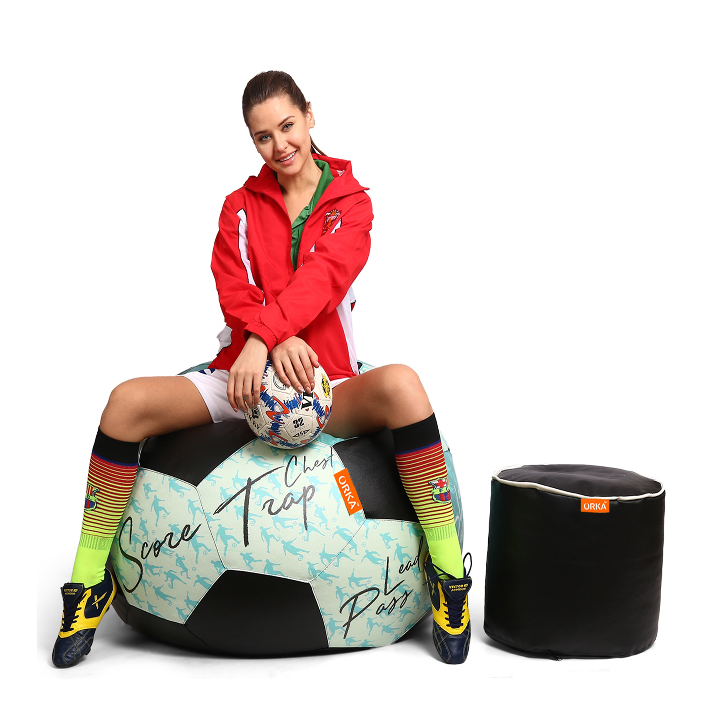 Orka Digital Printed XXXL Foorball With Mathching Footstool Filled Bean Bag With Beans (FB41 Multicolor)